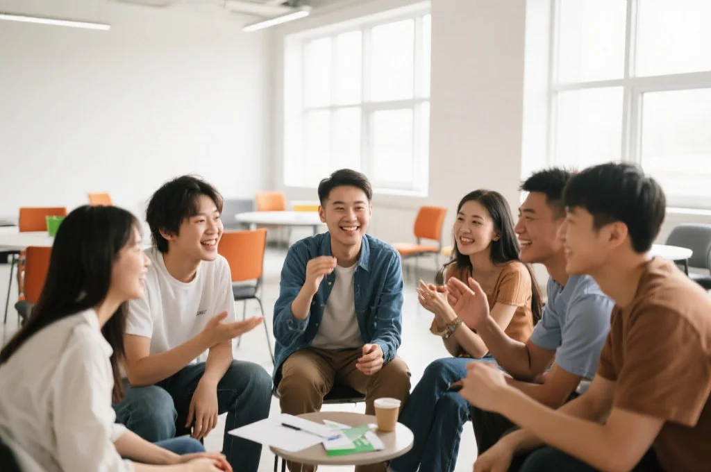 年轻人围坐在一起,愉快参与线下社区活动,背景为明亮开放的会议空间,展现积极交流和团队合作